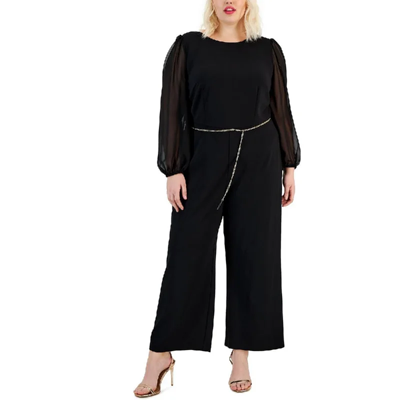 Connected Apparel Womens Plus Boatneck Sheer Sleeves Jumpsuit