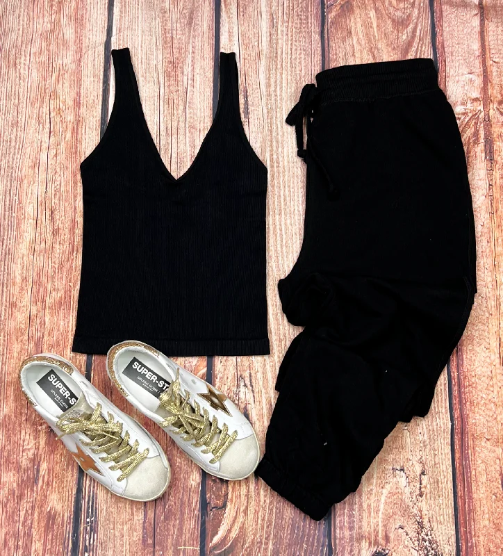 High Waist Pocket Joggers - Black