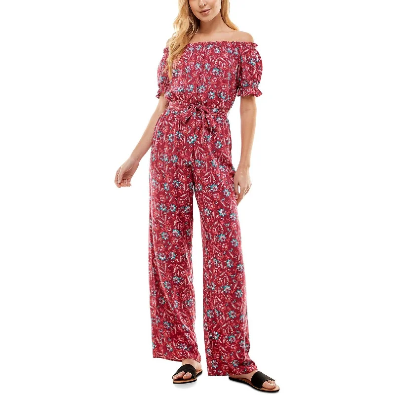 Kingston Grey Womens Juniors Floral Off-The-Shoulder Jumpsuit