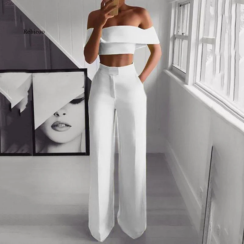 FashionSierra - Summer Style 2Pcs Off Shoulder Crop Top Straight Pants Set for Women Sexy Outfit Yellow White Pink Black Two Piece Set Suit