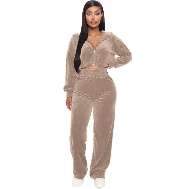 FashionSierra - Velvet Tracksuit 2 Two Piece Set Women Zipper Hoodie Sweatshirt Wide Leg Pant