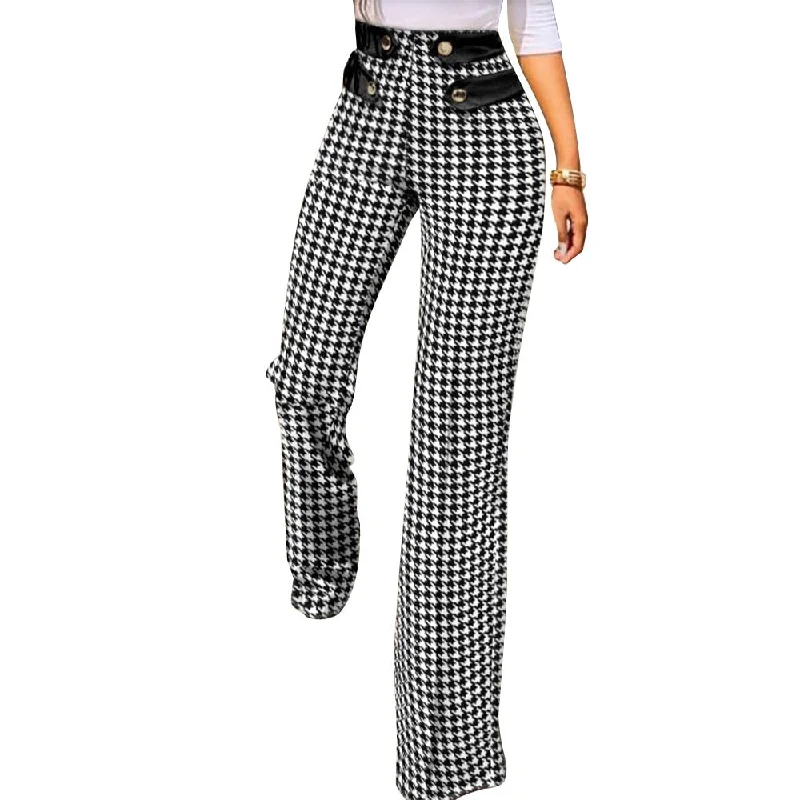 FashionSierra - Women Casual Houndstooth Print Classic Wide Leg Pants