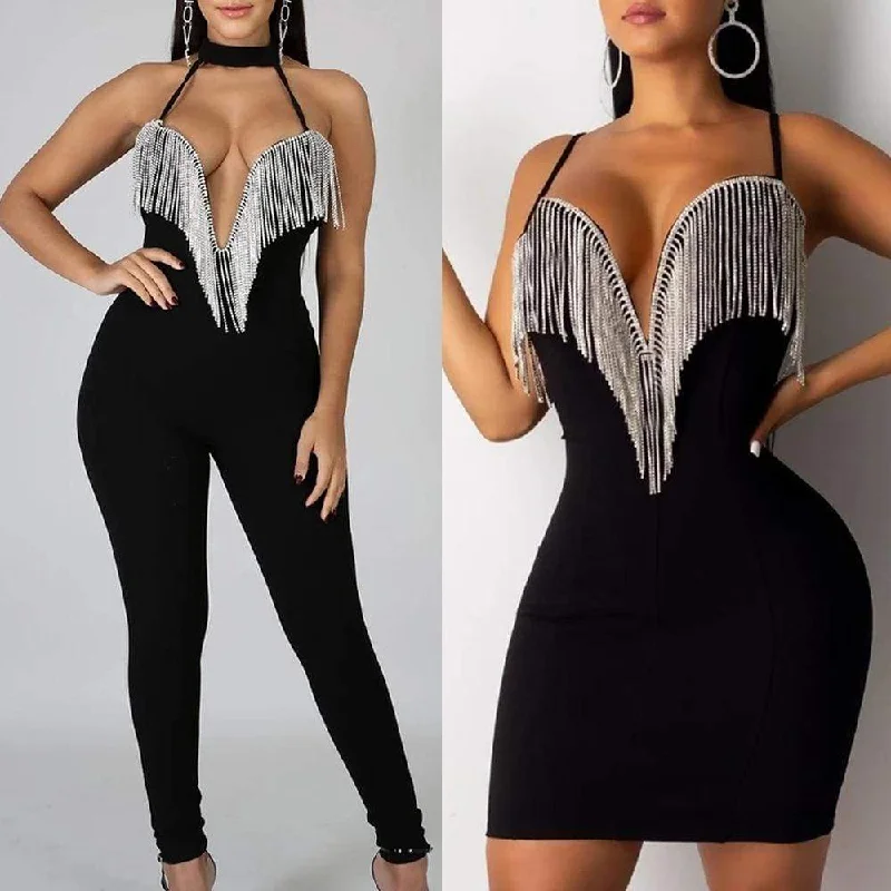 FashionSierra - Women Lady Sequin Jumpsuit Romper Bodycon Backless Clubwear Party Long Pant Trouser Black Tassels Dress Outfit