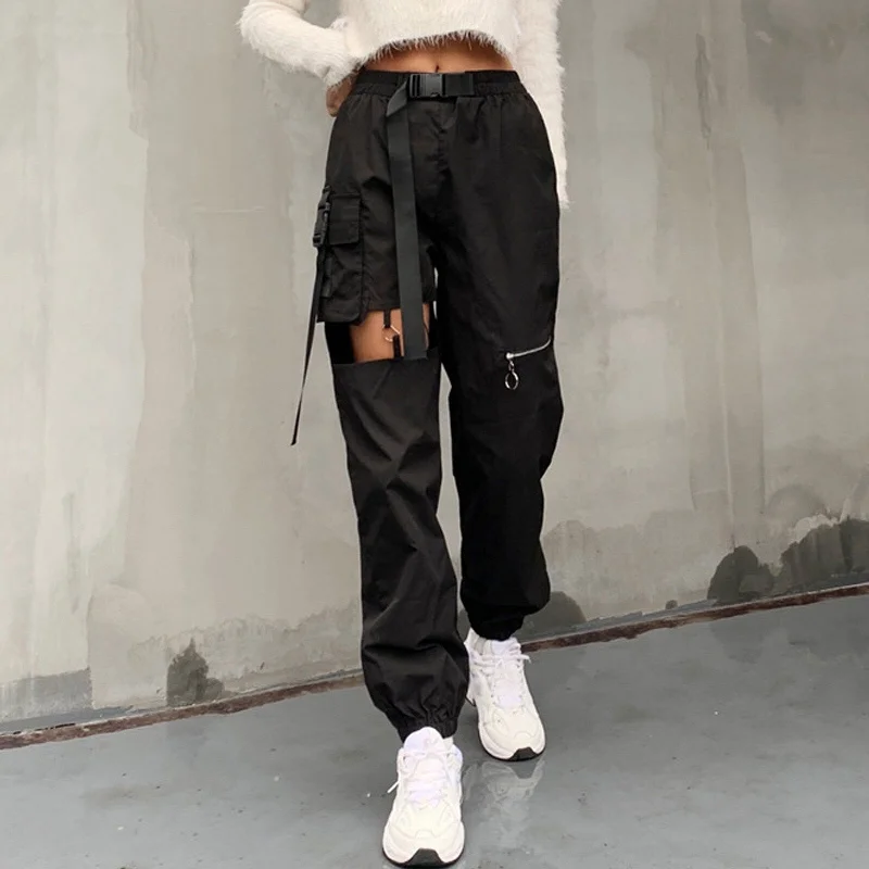 Women Pants High Waist Long Sweatpants Fashion Female Jogger Hollow Punk Workwear Belt Buckle Zipper Casual Pants Streetwear