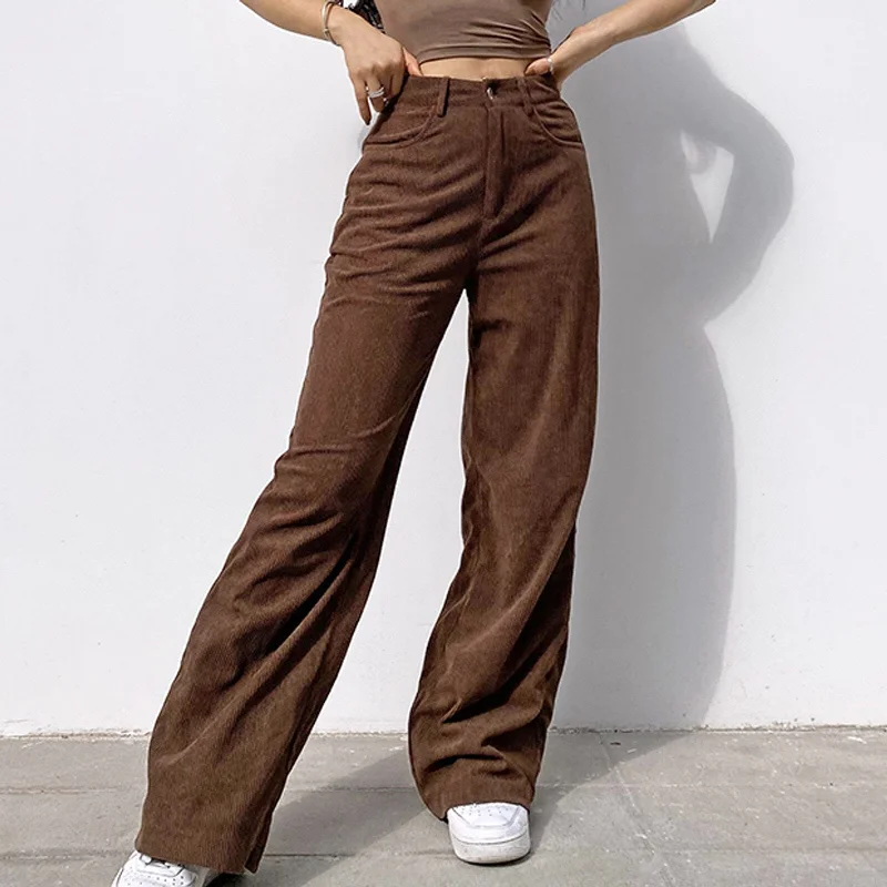 FashionSierra - Women Wide Leg Pants Summer Thin Women Straight Pockets Corduroy Mid Waist Straight Corduroy Leg Pants Trousers Large Size