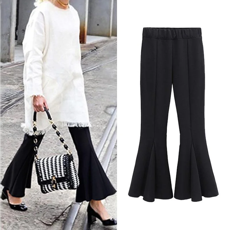 FashionSierra - Women's black elastic high waist bell bottom cropped pants