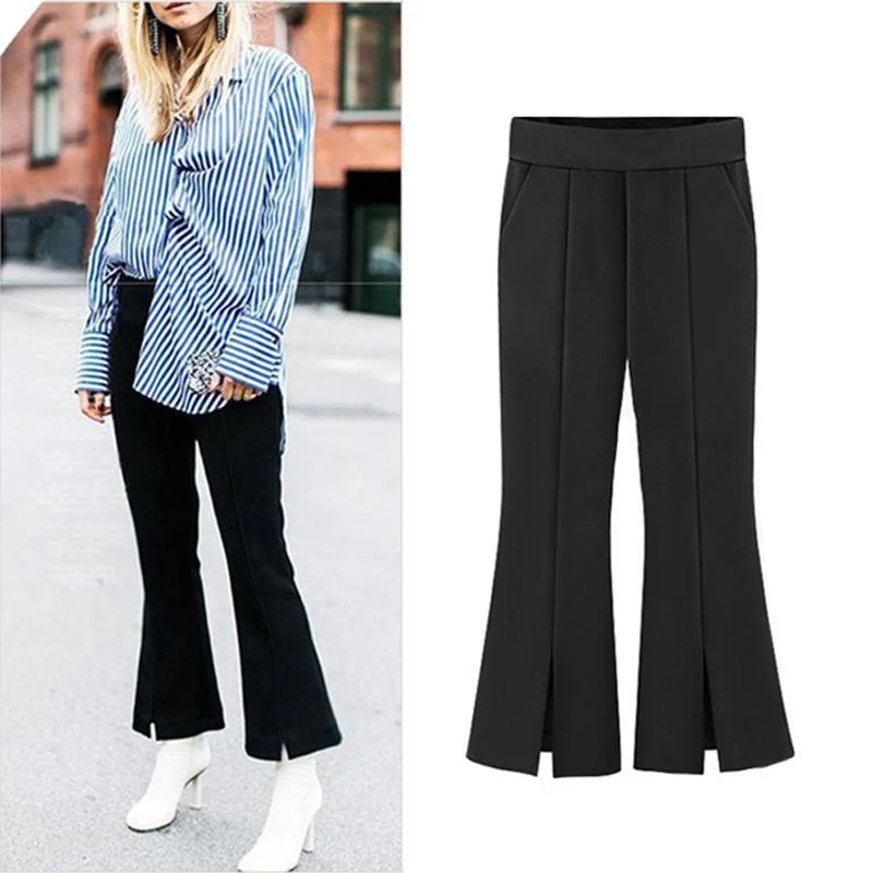 FashionSierra - Women's black split hem cropped flare pants elastic high waist spring summer slim pants