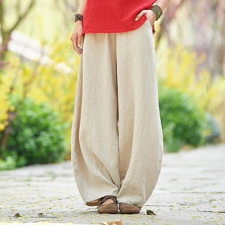 FashionSierra - Women's linen balloon pants casual wide leg pants with pockets summer loose fit