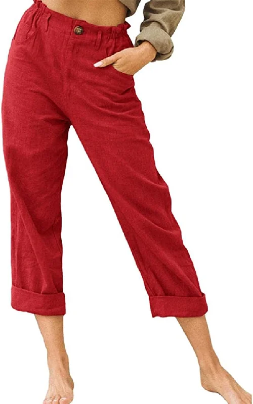 FashionSierra - Linen Buttons Cropped Pants High Elastic Waist Stretch Capris Casual Work Crop Pants