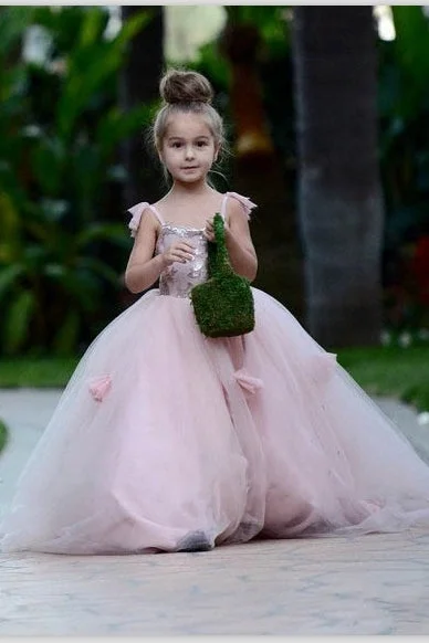 3D Flowers Princess Pink Tulle Flower Girl Dress