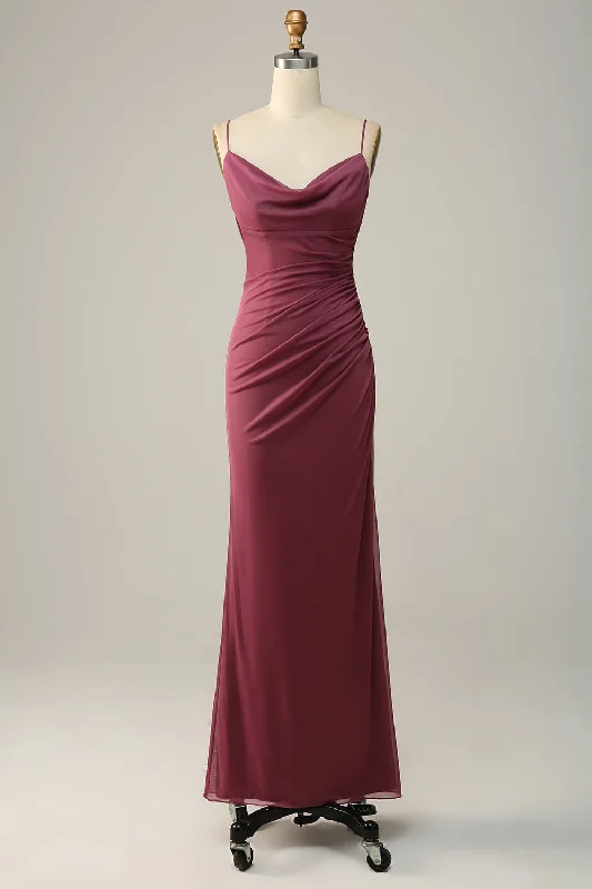 Backless Desert Rose Cowl Neck Ruched Long Bridesmaid Dress