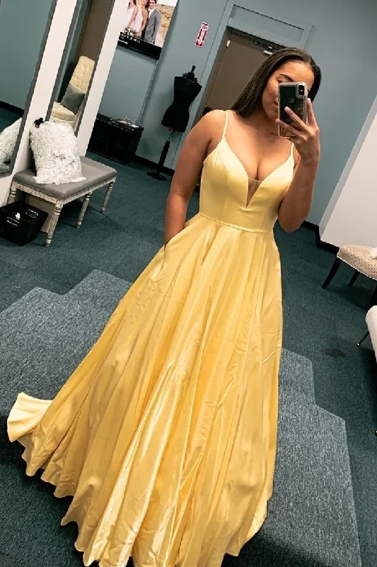 Criss Cross A-Line Yellow Long Prom Dress