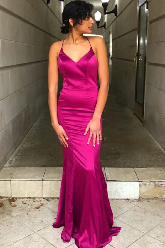 Spaghetti Straps Cowl Back Mermaid Fuchsia Long Prom Dress