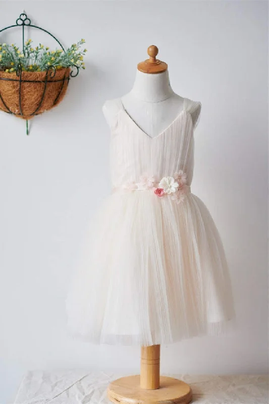 Cute Light Champagne Girl Party Dress with Flower Belt