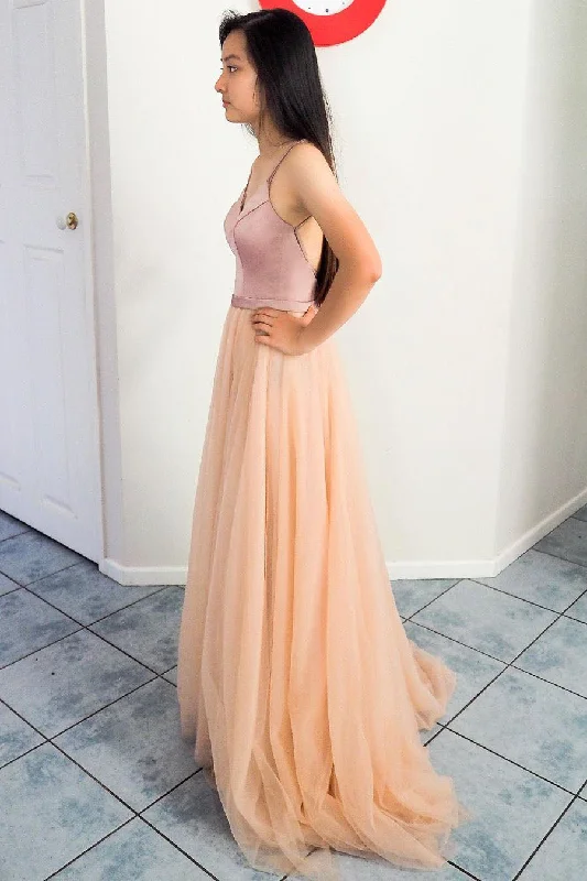 Elegant A-line Straps Criss Cross Back Peach and Pink Long Prom Dress