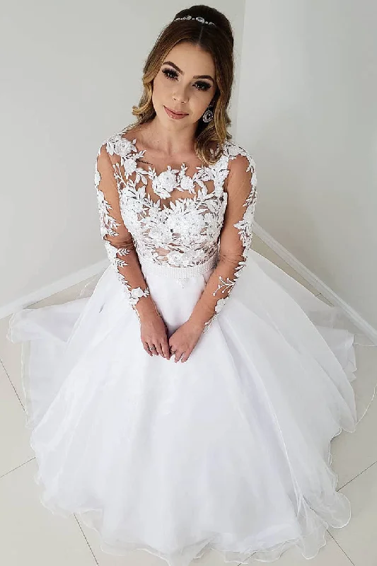 Princess A-line Long Sleeves White Wedding Dress with Belt