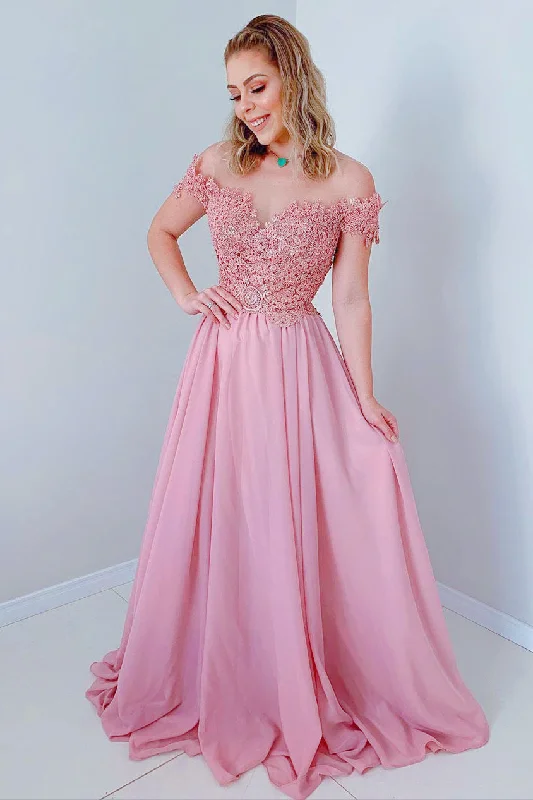 Elegant Off the Shoulder Dusty Rose Long Prom Dress with Open Back