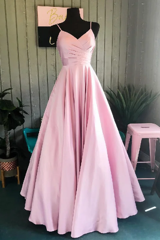 Elegant Pleated A-Line Pink Long Prom Dress