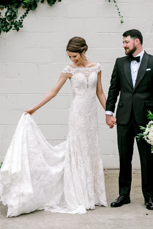 Elegant Sheer Back Cap Sleeves Ivory Wedding Dress