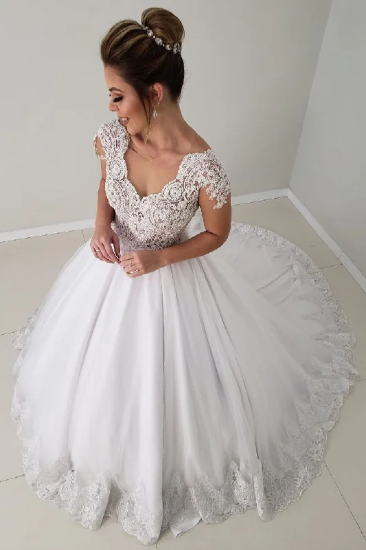 Princess A-line Cap Sleeves White Wedding Dress with Lace