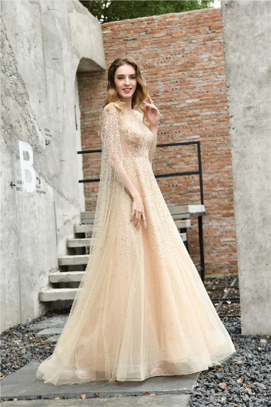 Princess Long Sleeves Beaded Champagne Wedding Dress