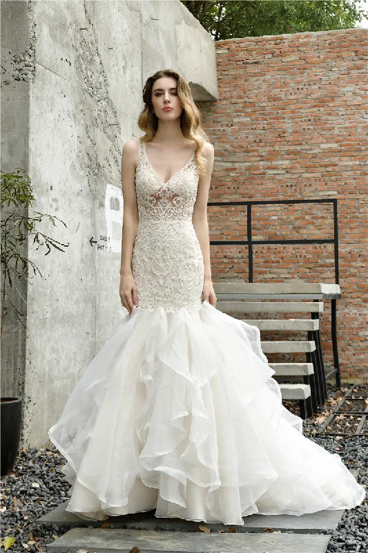 V Neck Mermaid Ivory Wedding Dress with Cascading Ruffles