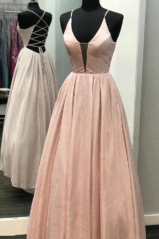 Glitter Lace-up Blush Pink Long Prom Dress