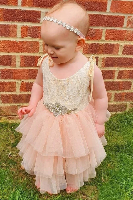 Gold and Pink Toddler Flower Girl Dress with Beads