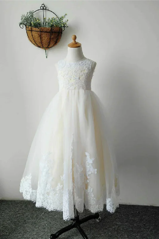 Ivory Lace Yellow Linning Long Flower Girl Dress