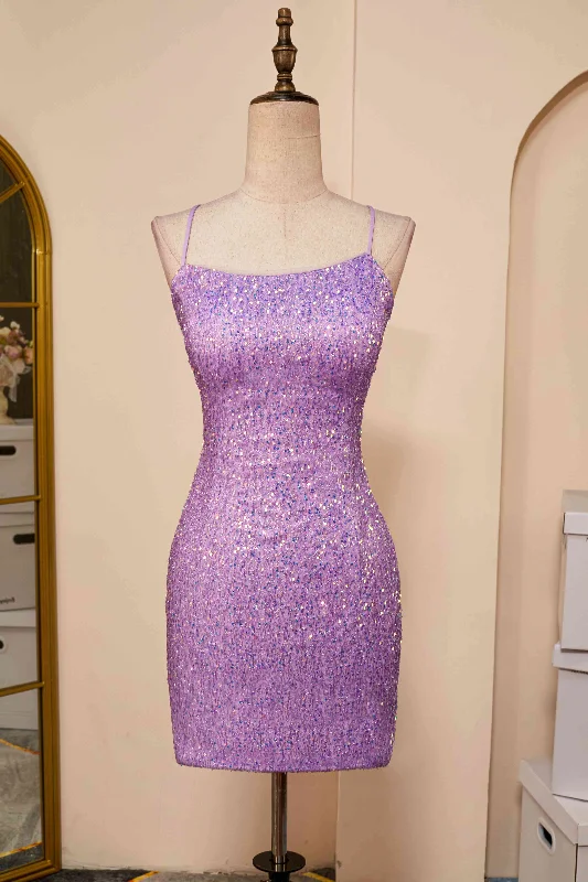 Lace-Up Lilac Sequin Tight Short Homecoming Dress