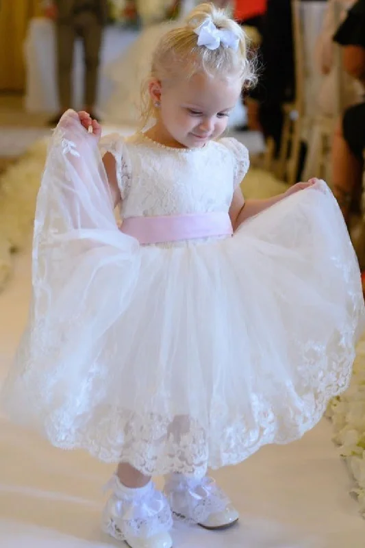 Lovely Toddler White Flower Girl Dress with Pink Bow