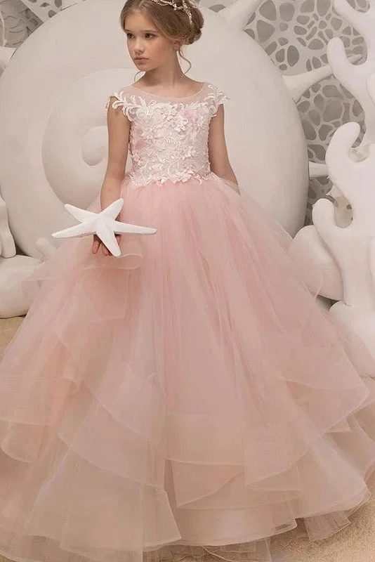 Princess Long Pink Flower Girl Dress with Lace Appliques