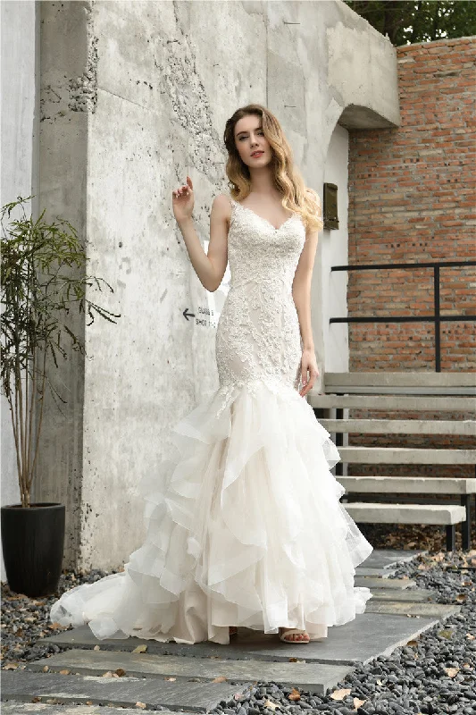 Princess Mermaid Ivory Wedding Dress with Cascading Ruffles