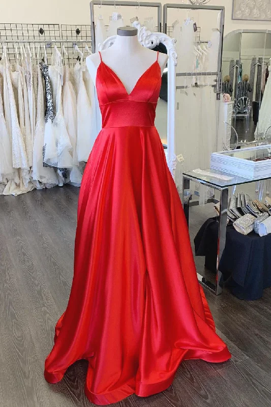 Simple A-Line Spaghetti Straps Red Long Prom Dress