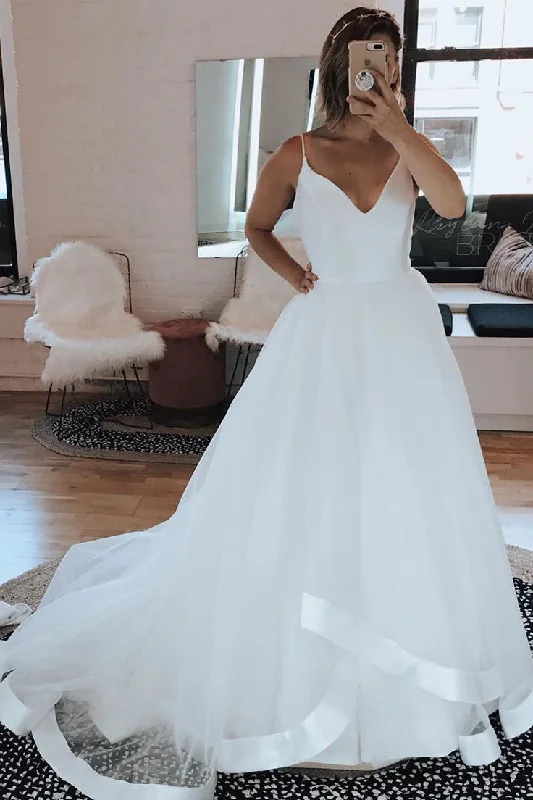 Long A-line Spaghetti Strap White Wedding Dress with Ruffles