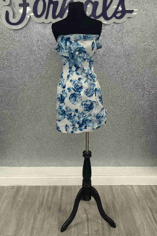 Strapless Blue Floral Print Mini Dress with Ruffles