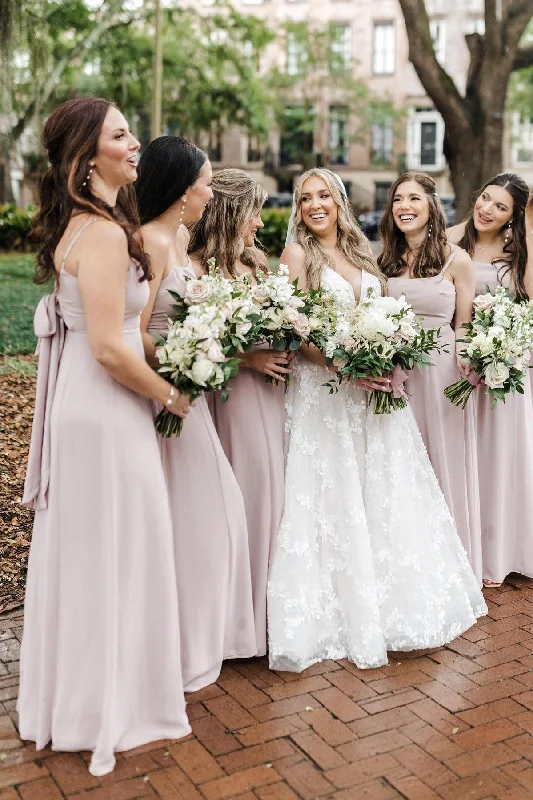 Tie Back Blush Pink A-Line Long Bridesmaid Dress