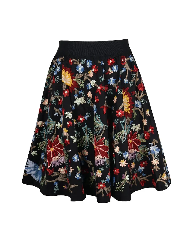 Alice + Olivia Floral Embroidered Skirt in Black Cotton