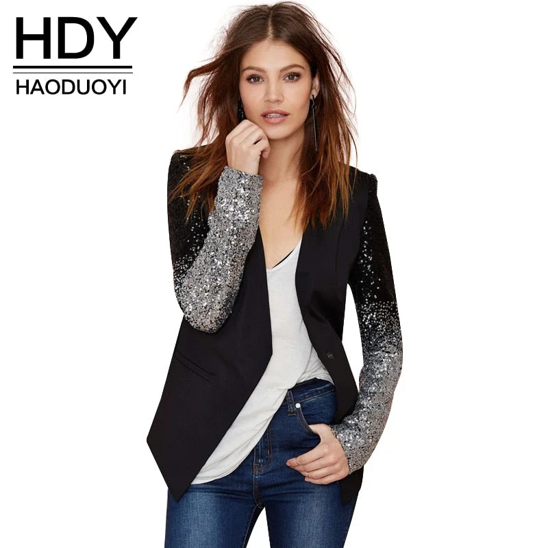 HDY Haoduoyi Spring Sequin Patchwork Sleeve Jackets PU Leather Slim Fit Club Jacket Causal Winter Coats Female Outwear Hot Sell