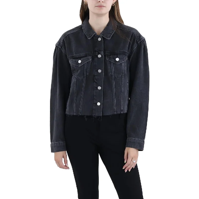 Paige Womens Frayed Hem Cropped Denim Jacket