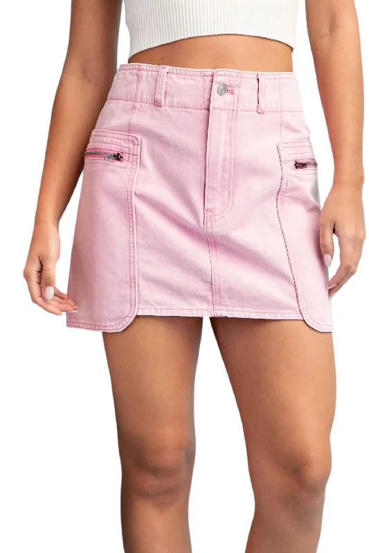 Stone Washed Mini Cargo Skirt In Bubble Gum