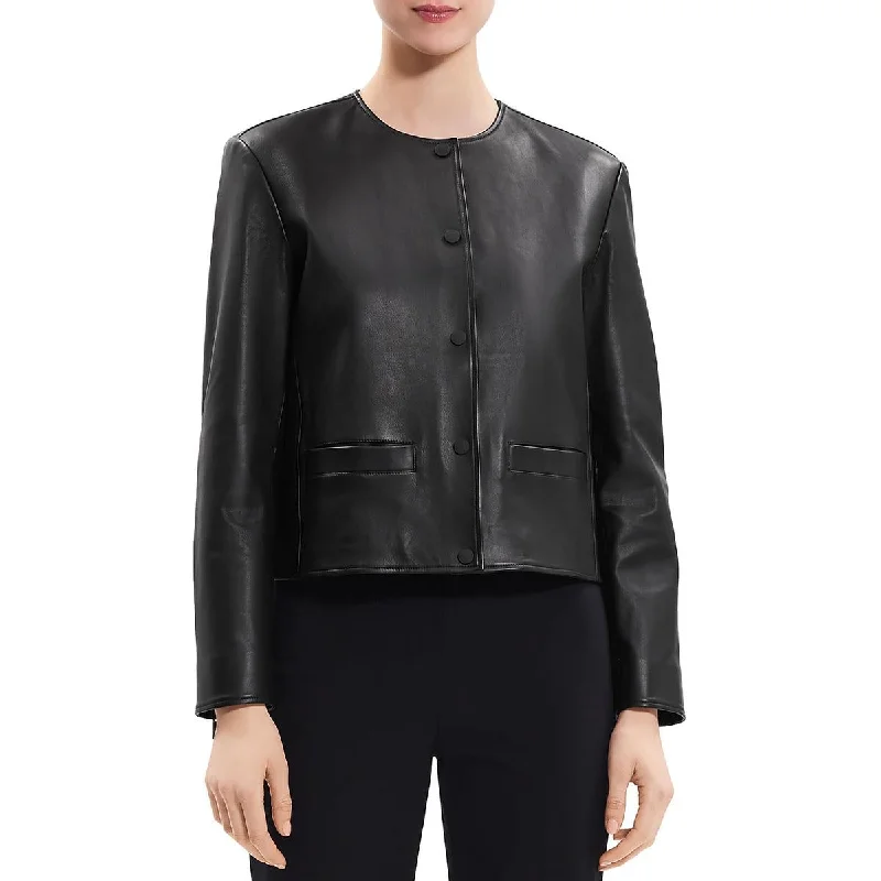 Theory Womens Faux Leather Cropped Motorcycle Jacket