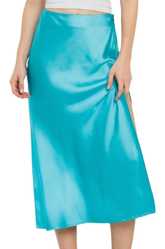 Time Slipped Away Satin Midi Skirt In Turquoise