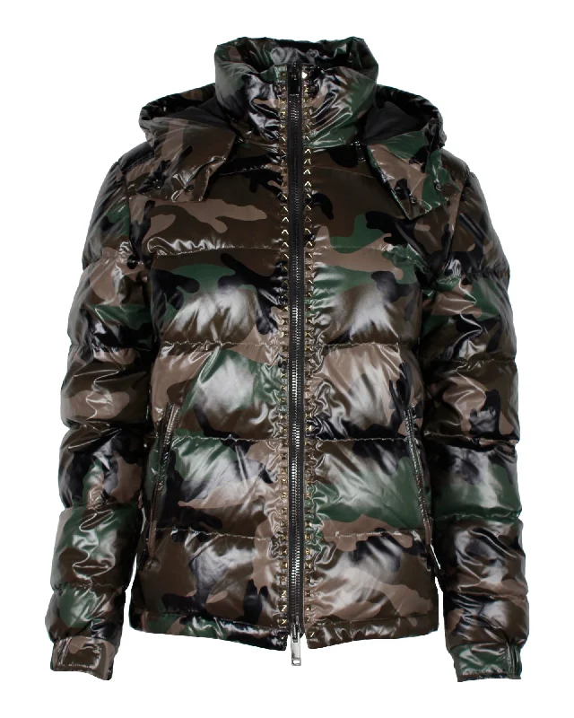 Valentino Studded Camouflage-Print Quilted Shell Hooded Down Jacket in Green Polyamide