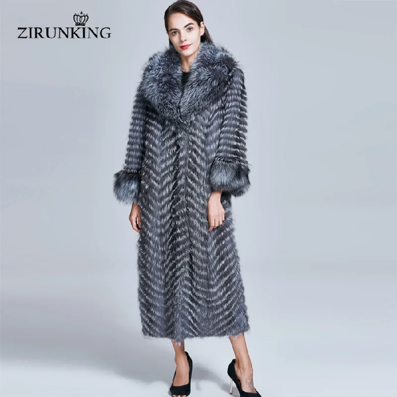 ZIRUNKING Long Real Fur Coat Women Natural Silver Fox Fur Coats Female Fox Parkas Outwear Women Clothes ZC1728