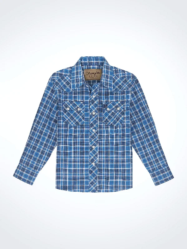 Boys' Retro Western Snap Plaid Shirt with Front Sawtooth Pockets - Azure Chromatic