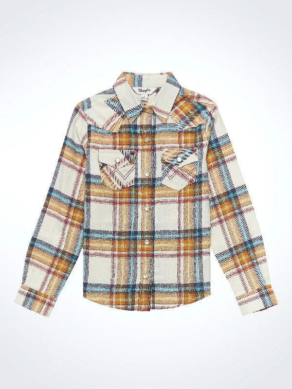 Girls' Long Sleeve Flannel Plaid Western Snap Shirt - White Multi