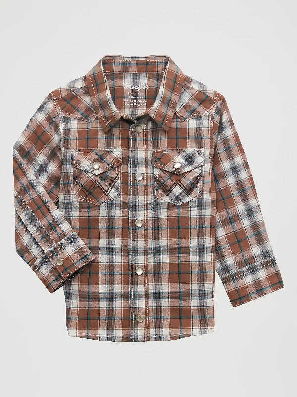 Little Boys' Long Sleeve Snap Front Plaid Western Shirt - Brown Bark