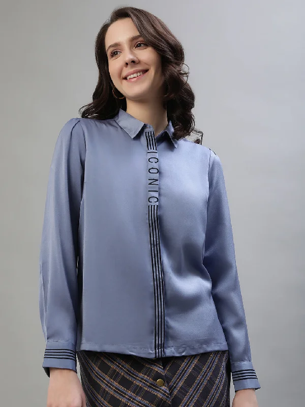 Iconic Women Blue Solid Spread Collar Full Sleeves Shirt