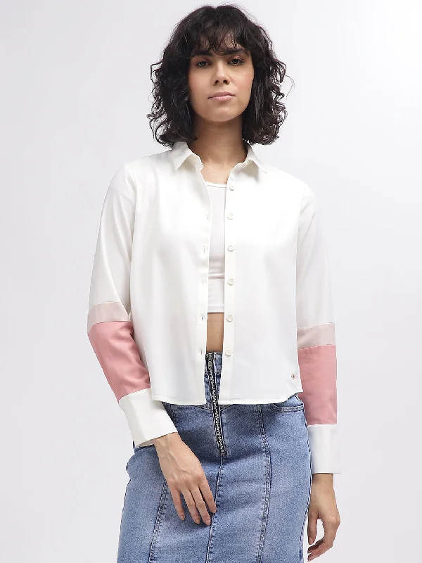 Iconic Women White Colour Blocked Spread Collar Full Sleeves Shirt